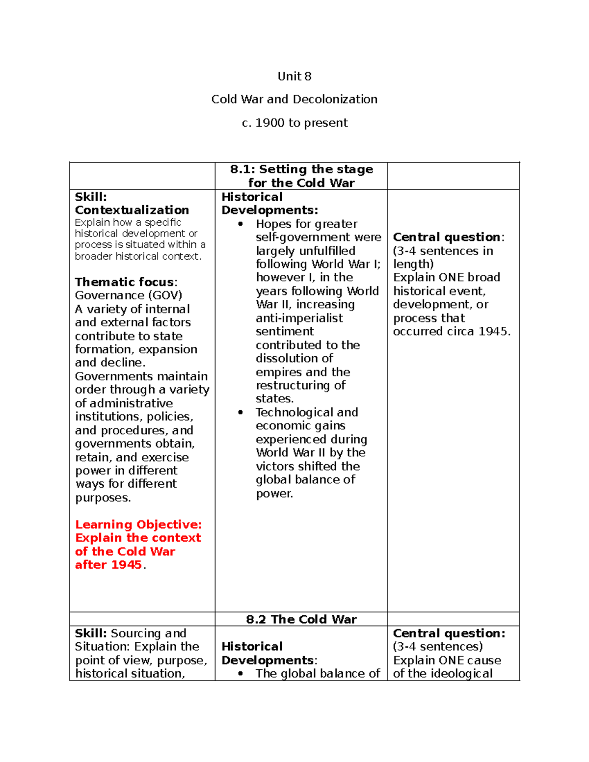 Unit 8 Study Guide: Cold War & Decolonization (1900-Present) - Studocu