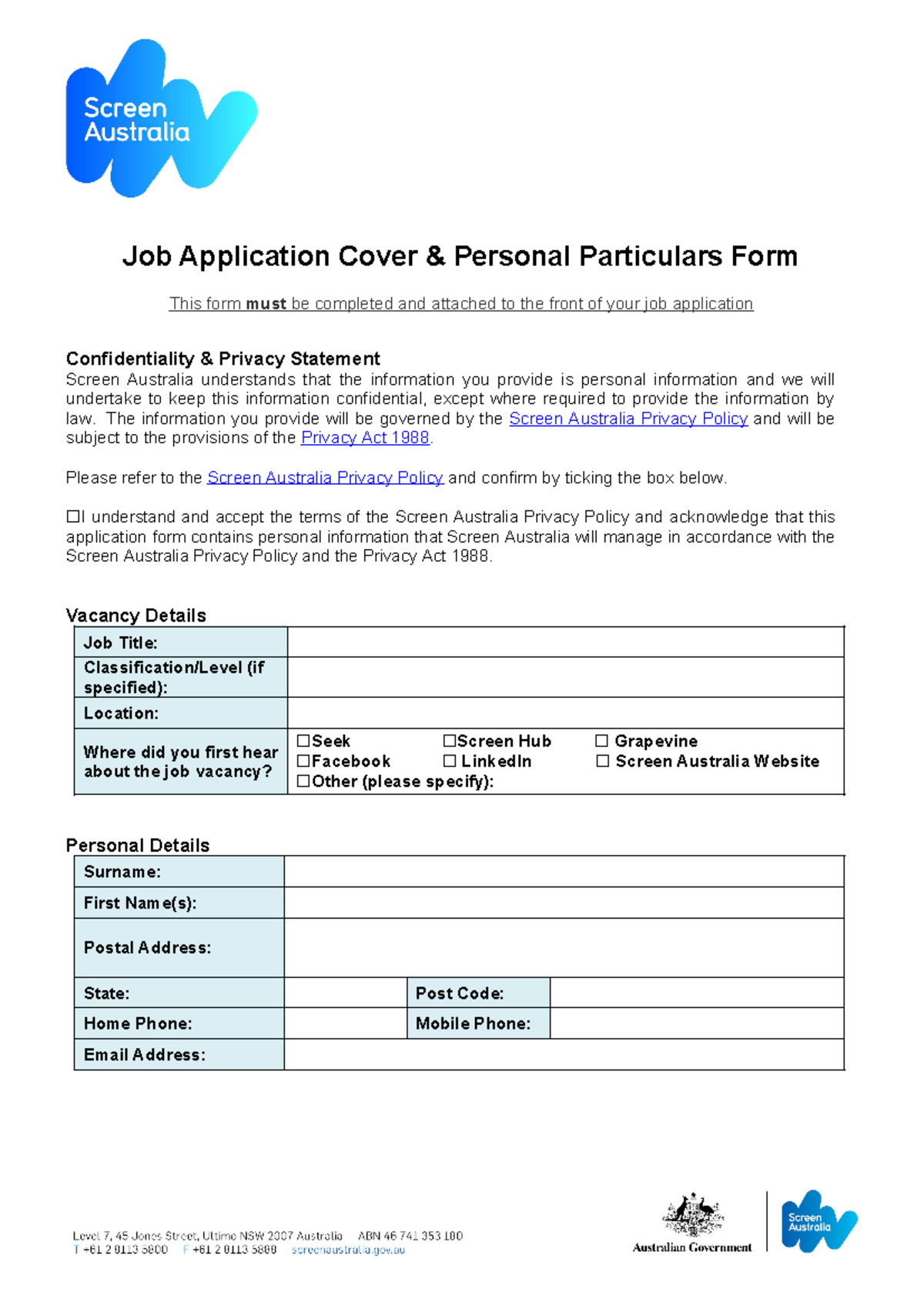 SA Applicant Particulars Form - Job Application Cover & Personal ...