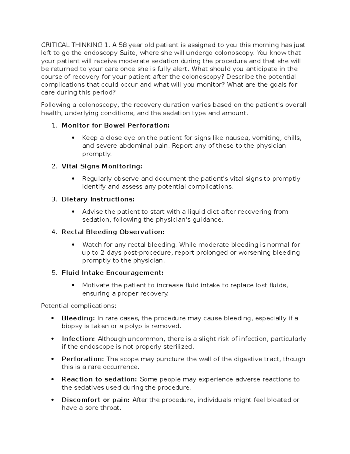 CRITICAL THINKING 1: Post-Colonoscopy Recovery & Monitoring Guidelines ...