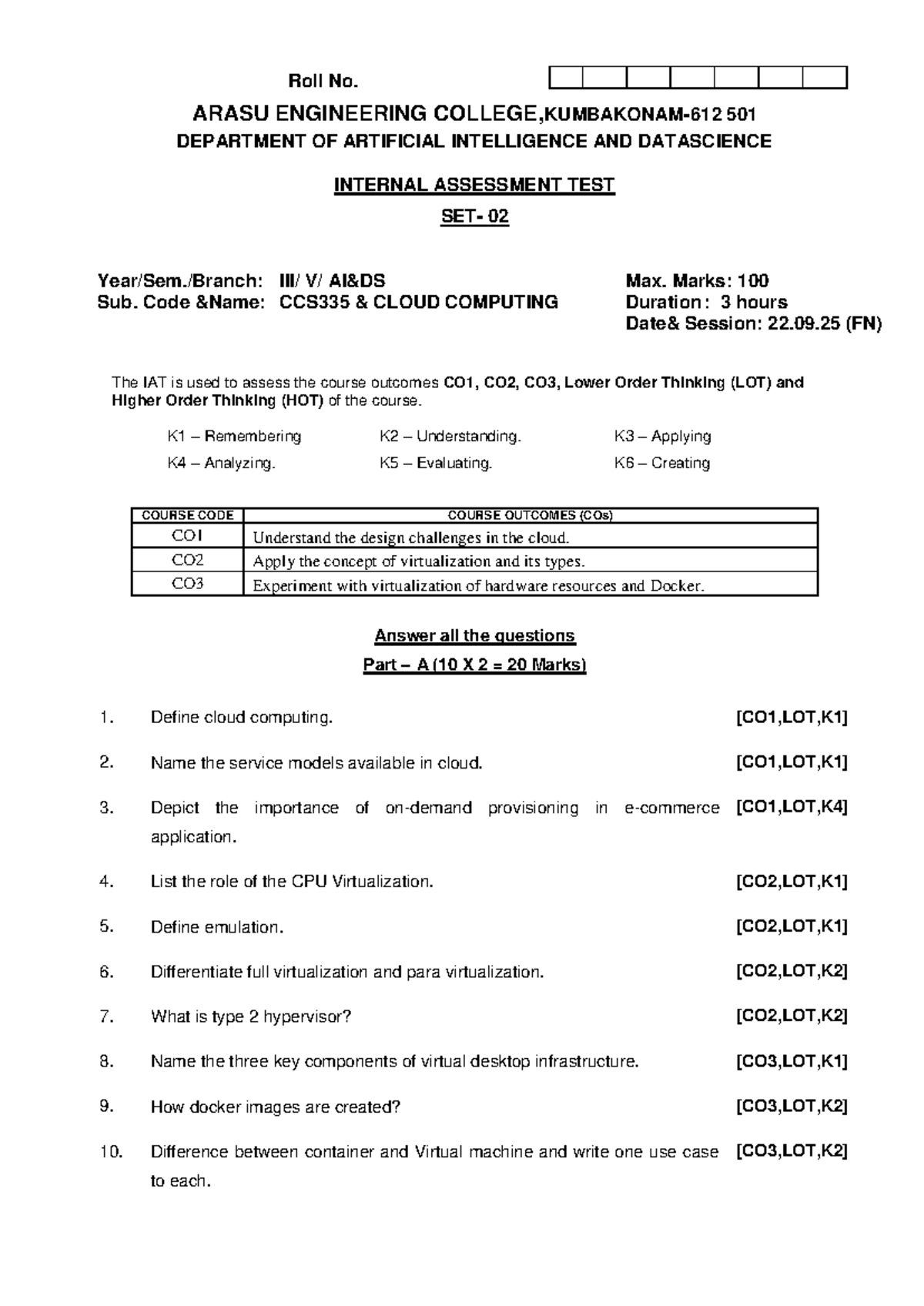 CCS335 - Cloud Computing Internal Assessment Test 02 - Studocu
