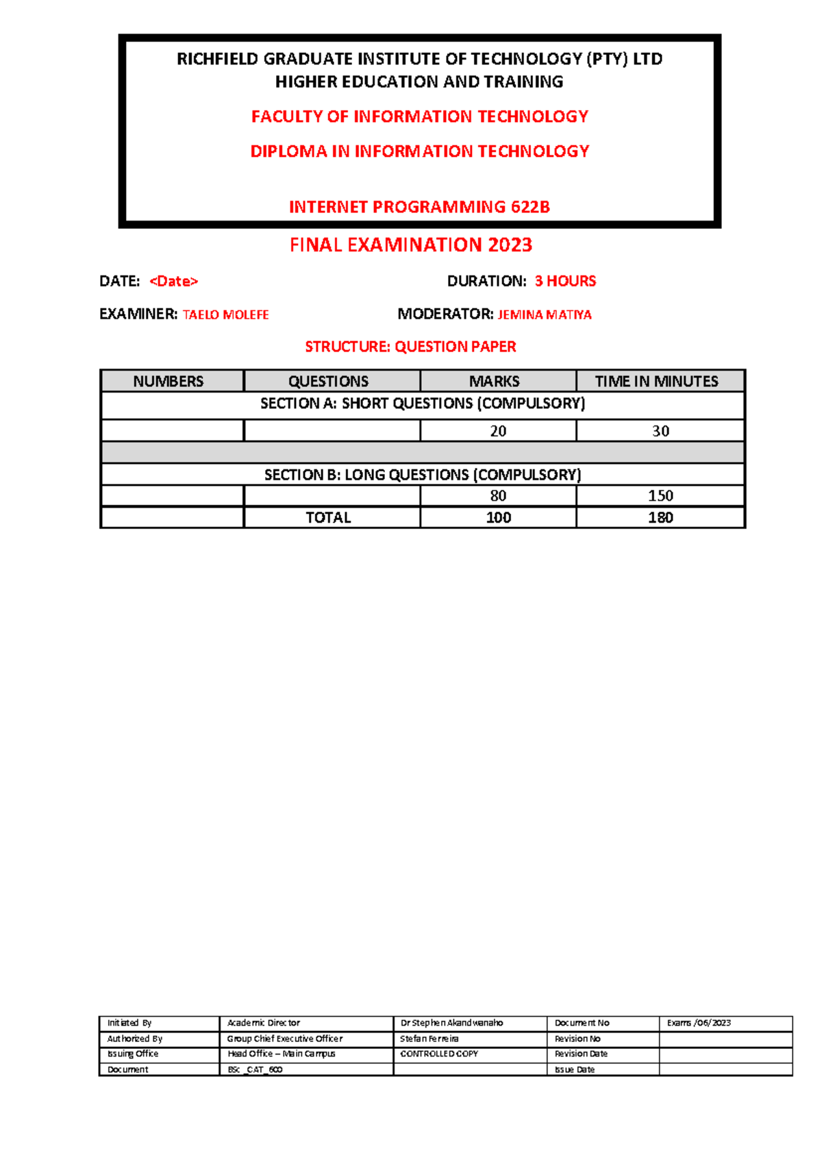 Internet Programming 622B Final Exam Paper 2023 - Studocu