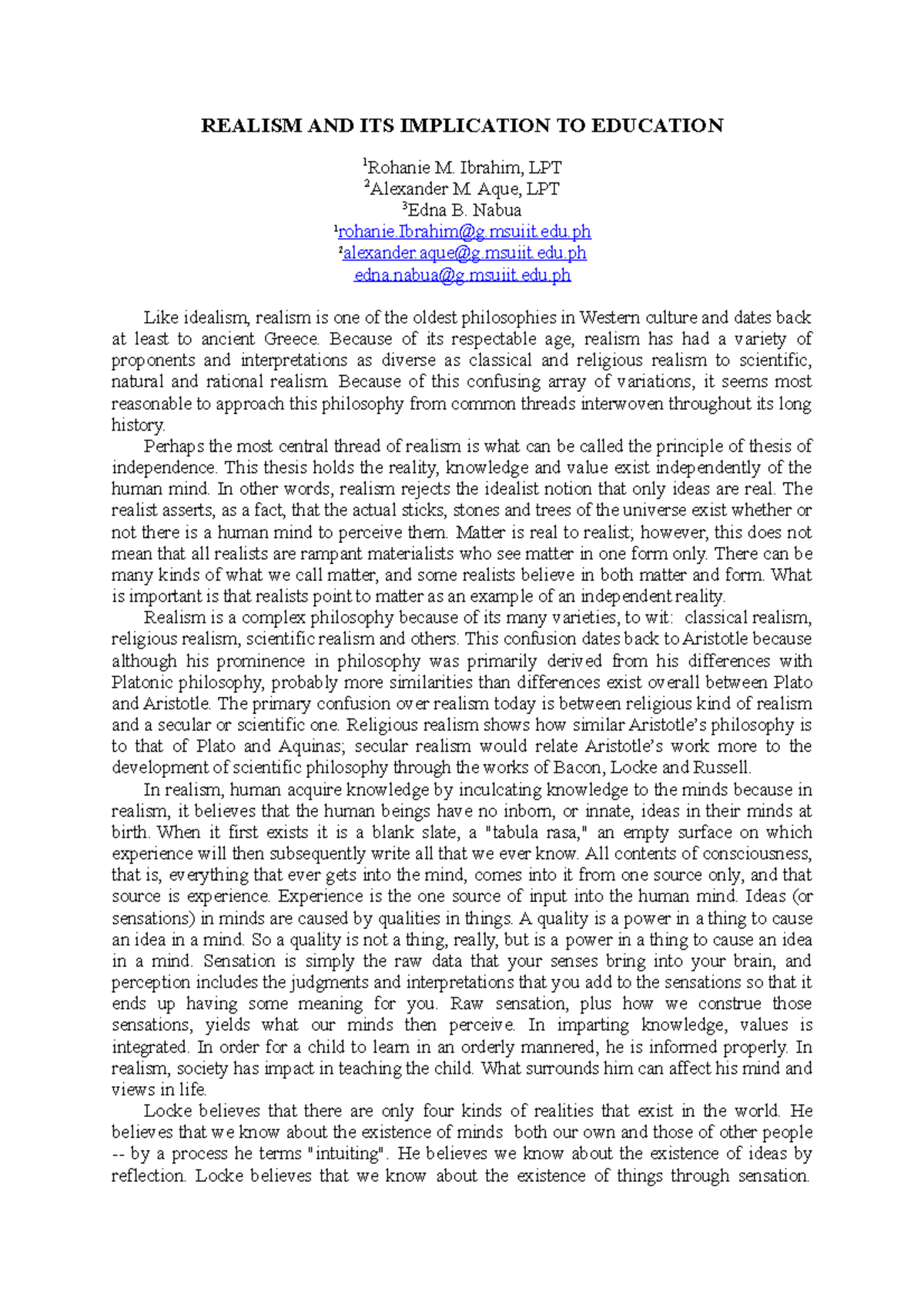Education Implications of Realism: Insights on Teaching Methods - Studocu