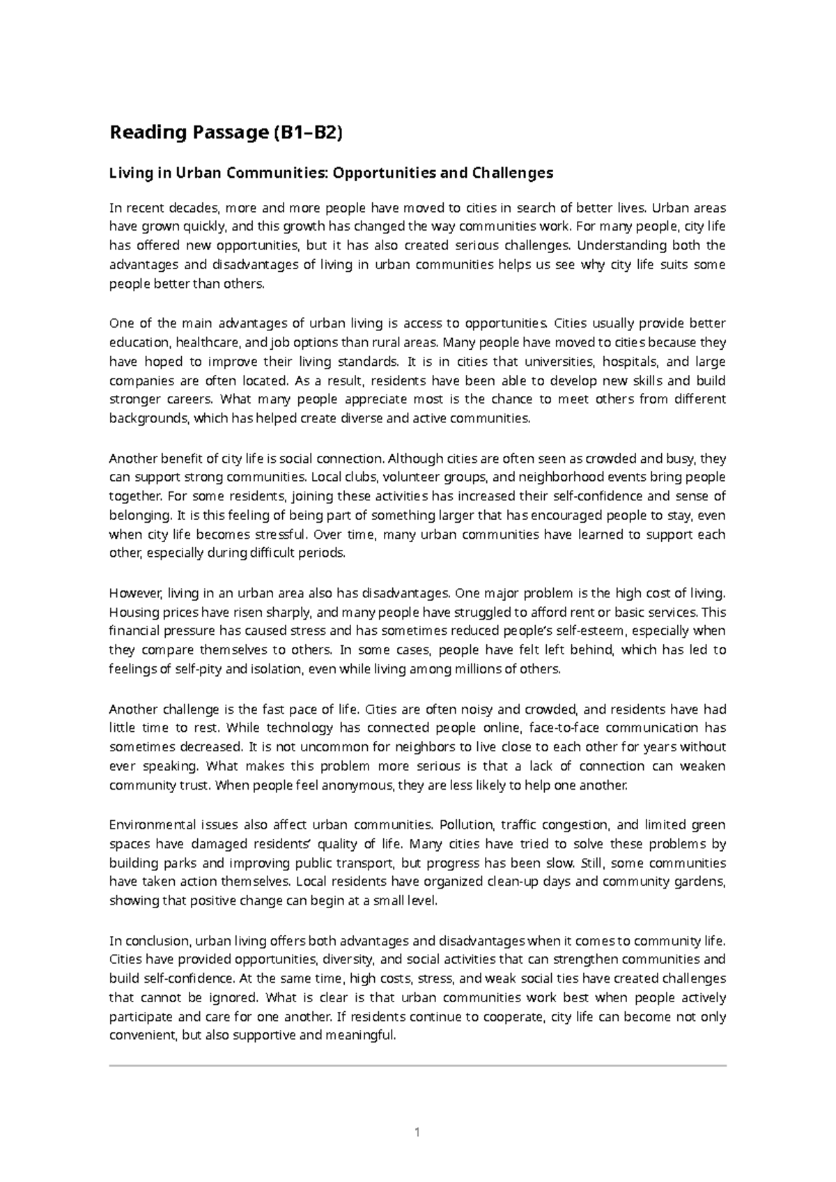 Reading Test: Living in Urban Communities - Opportunities & Challenges ...
