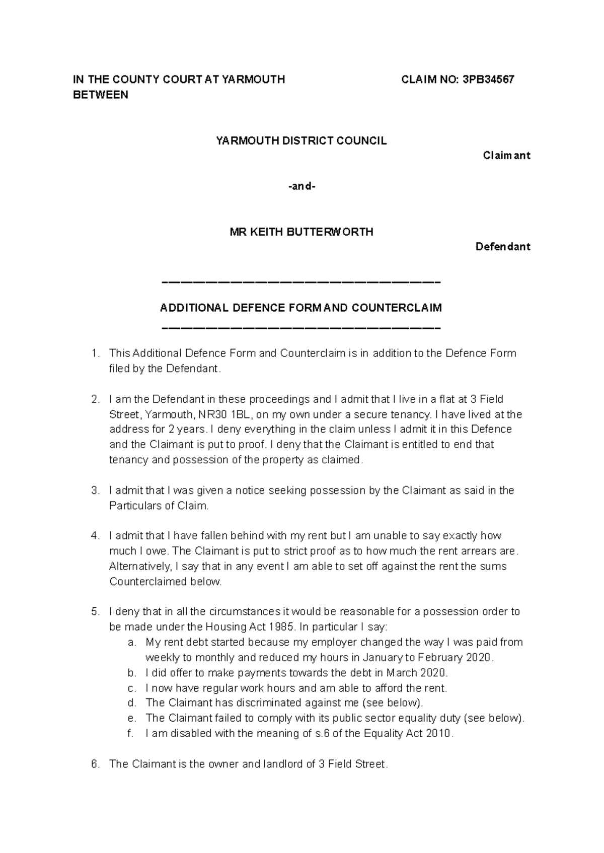 Defence & Counterclaim by Keith Butterworth: Yarmouth Court Case - Studocu