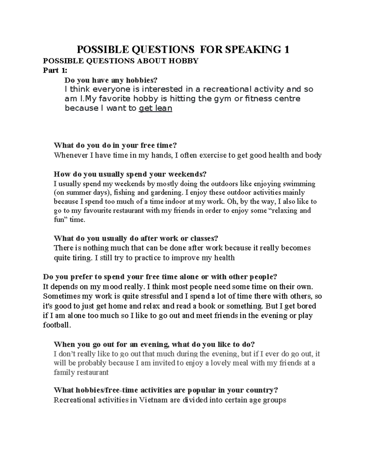 Possible Questions FOR Speaking 1 - POSSIBLE QUESTIONS FOR SPEAKING 1 ...