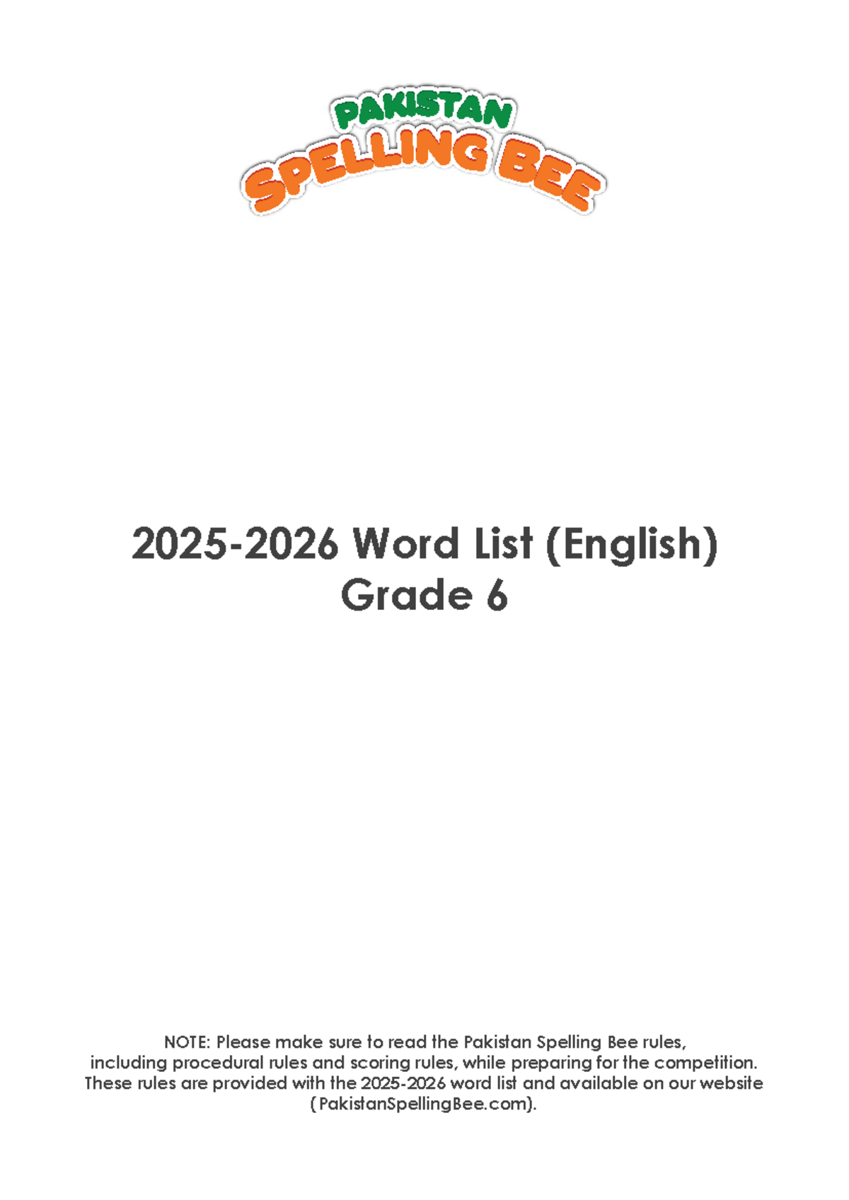 Grade 6 Pakistan Spelling Bee Word List - Studocu