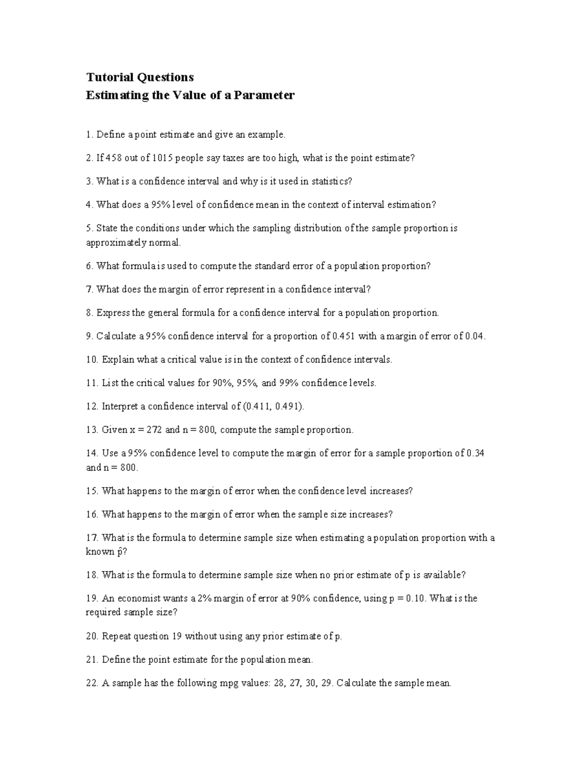 Tutorial Questions for Unit Two: Estimating Parameter Values 250808 ...