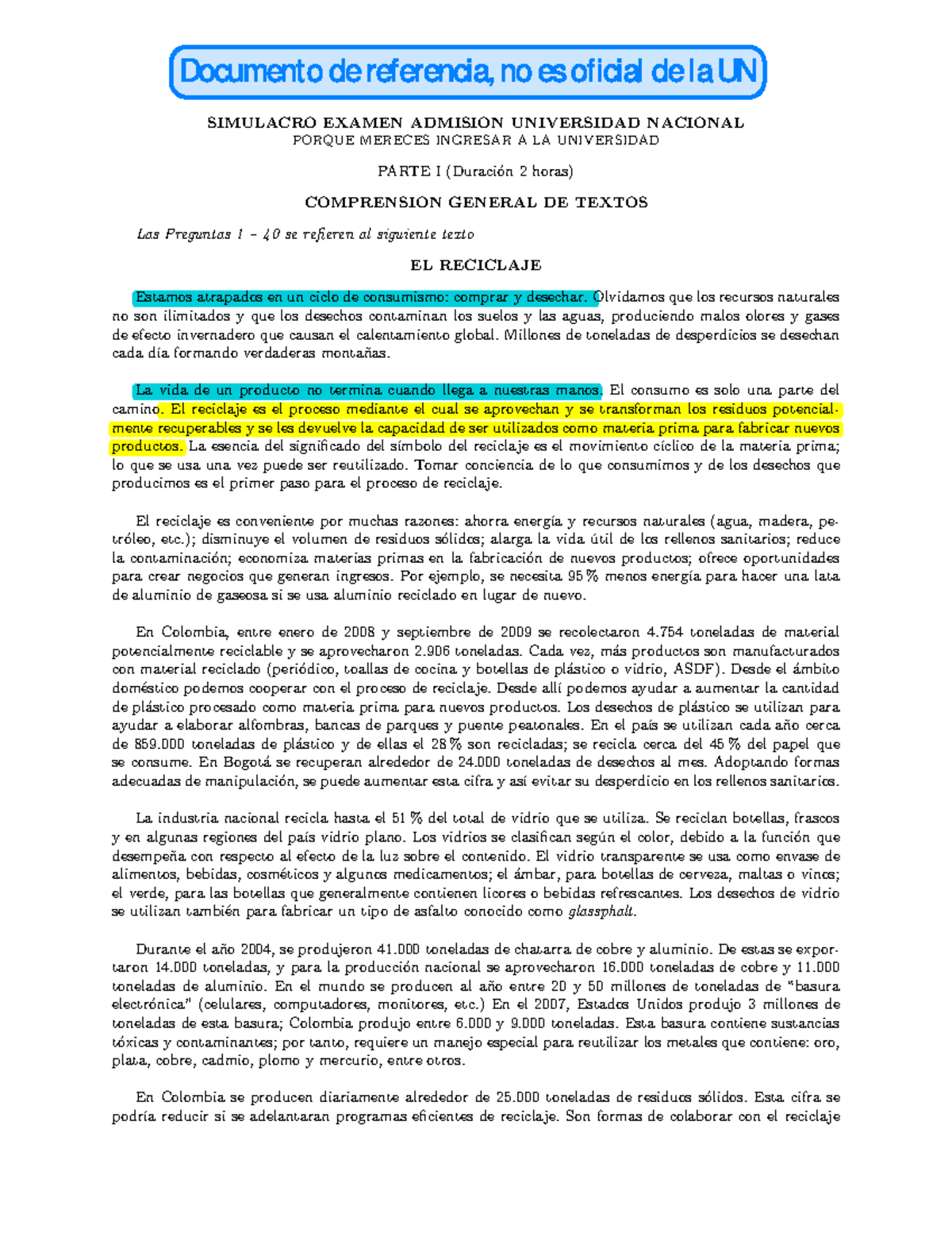 Simulacro Examen Admision UNAL 2018 - Respuestas Ciencias y Sociales - Document Preview