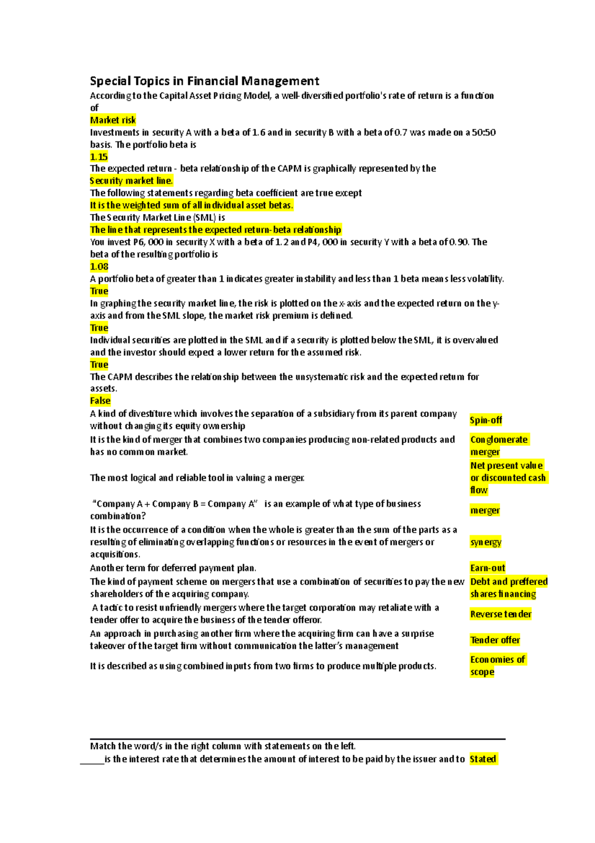 Special Topics in Financial Management Final Exam Review (Fin 301 ...