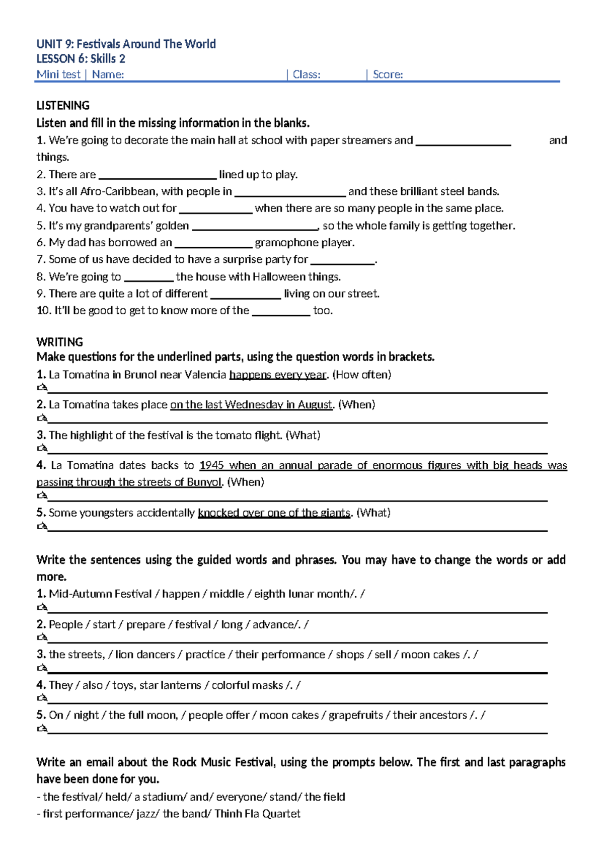 G7 Unit 9 Lesson 6 - Festivals Around the World Mini Test - Studocu