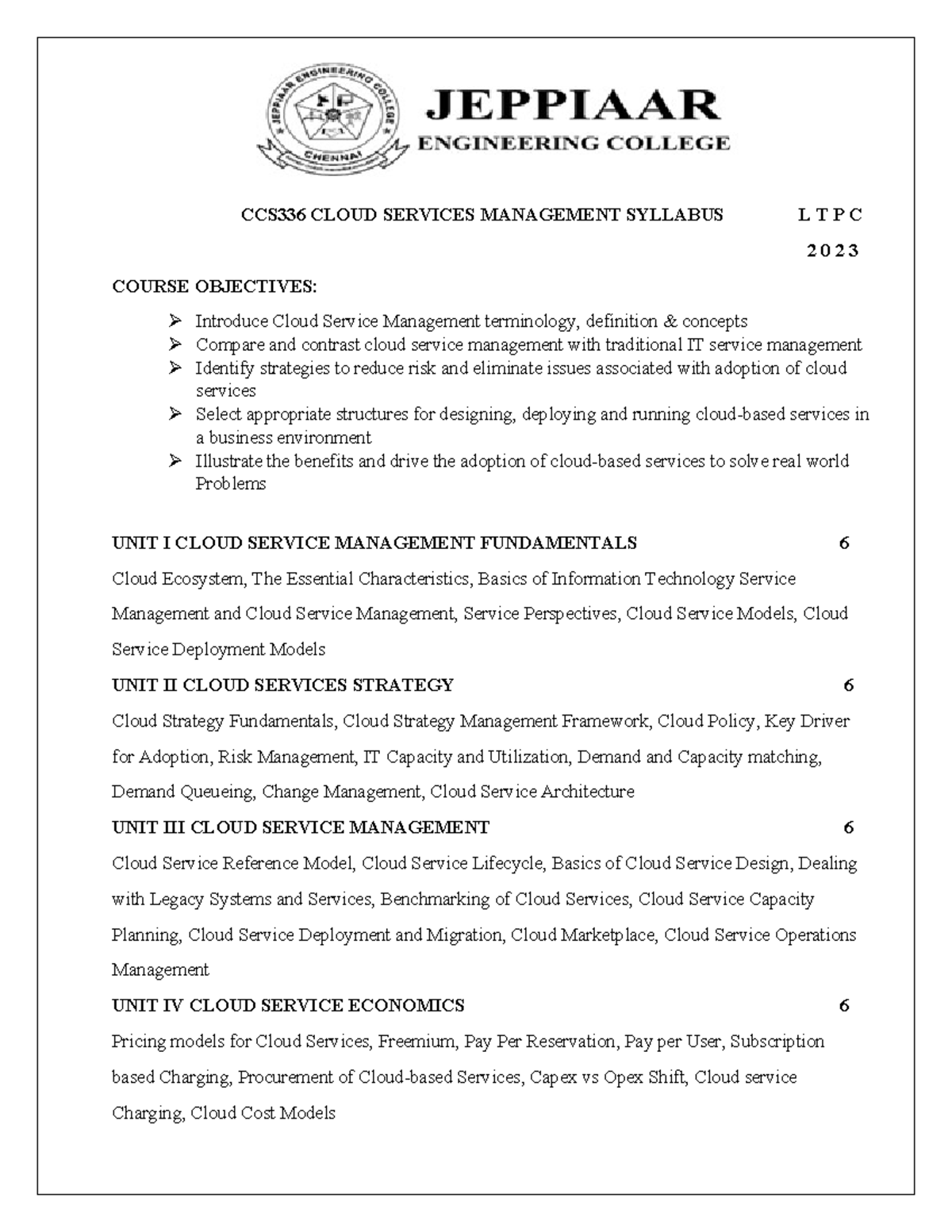 CCS336 Cloud Services Management Syllabus LTPC 2023 Overview - Studocu