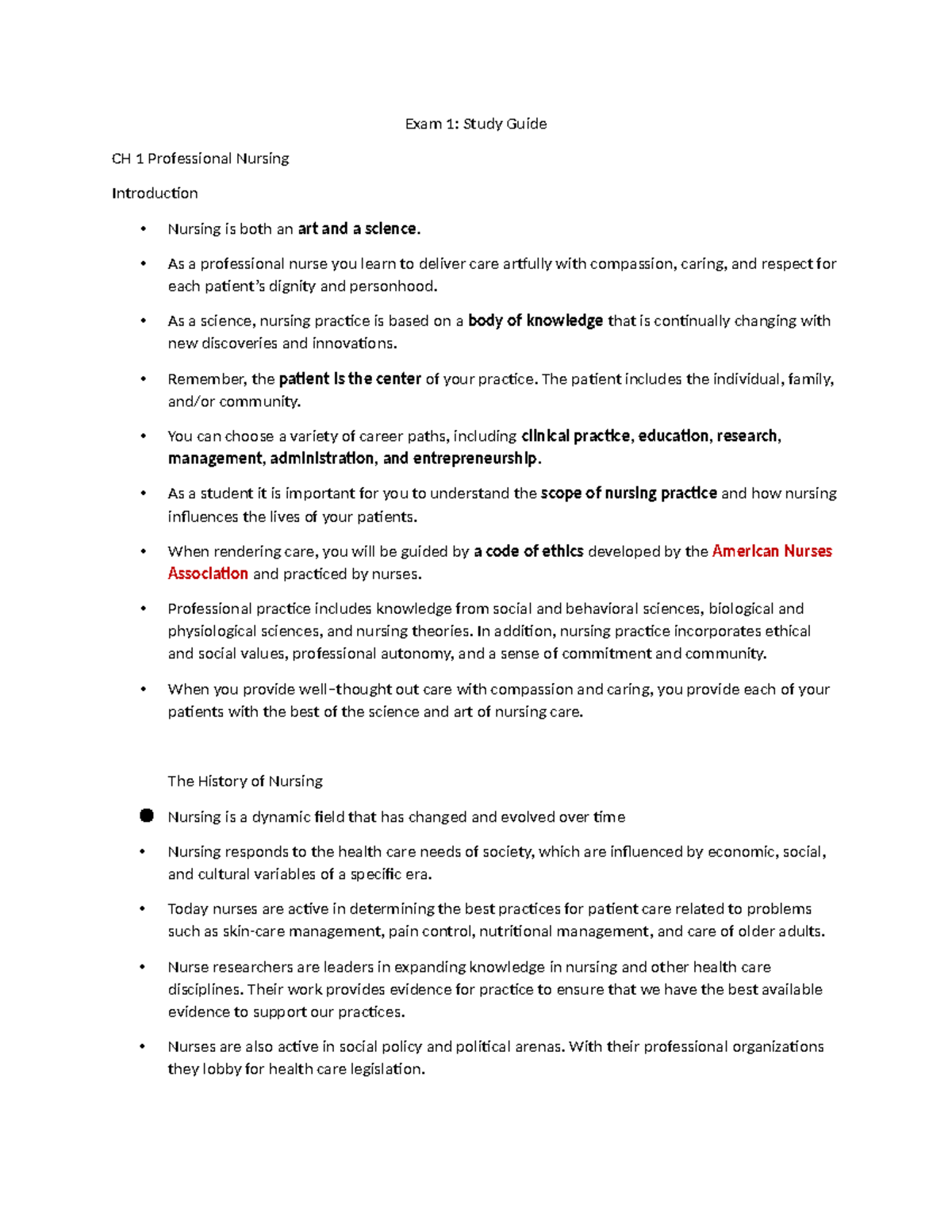 Exam 1: Study Guide for CH 1 - Introduction to Professional Nursing ...