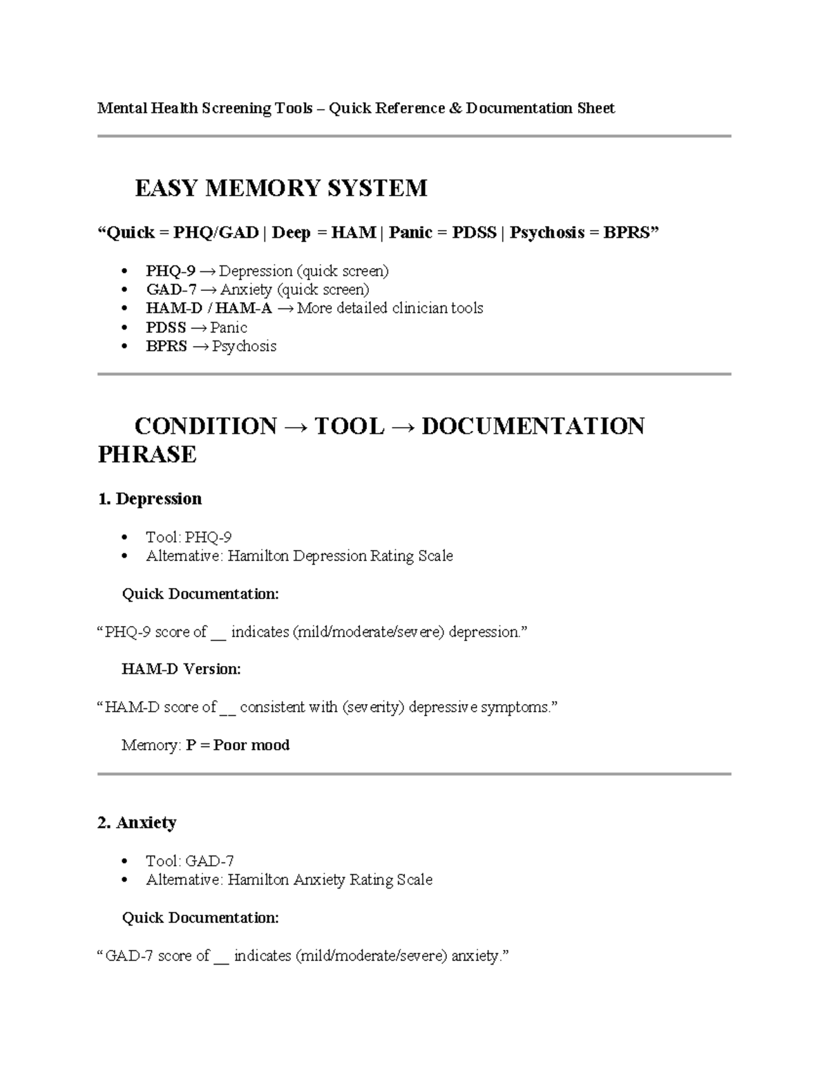 Mental Health Screening Tools: Quick Reference & Documentation Sheet ...