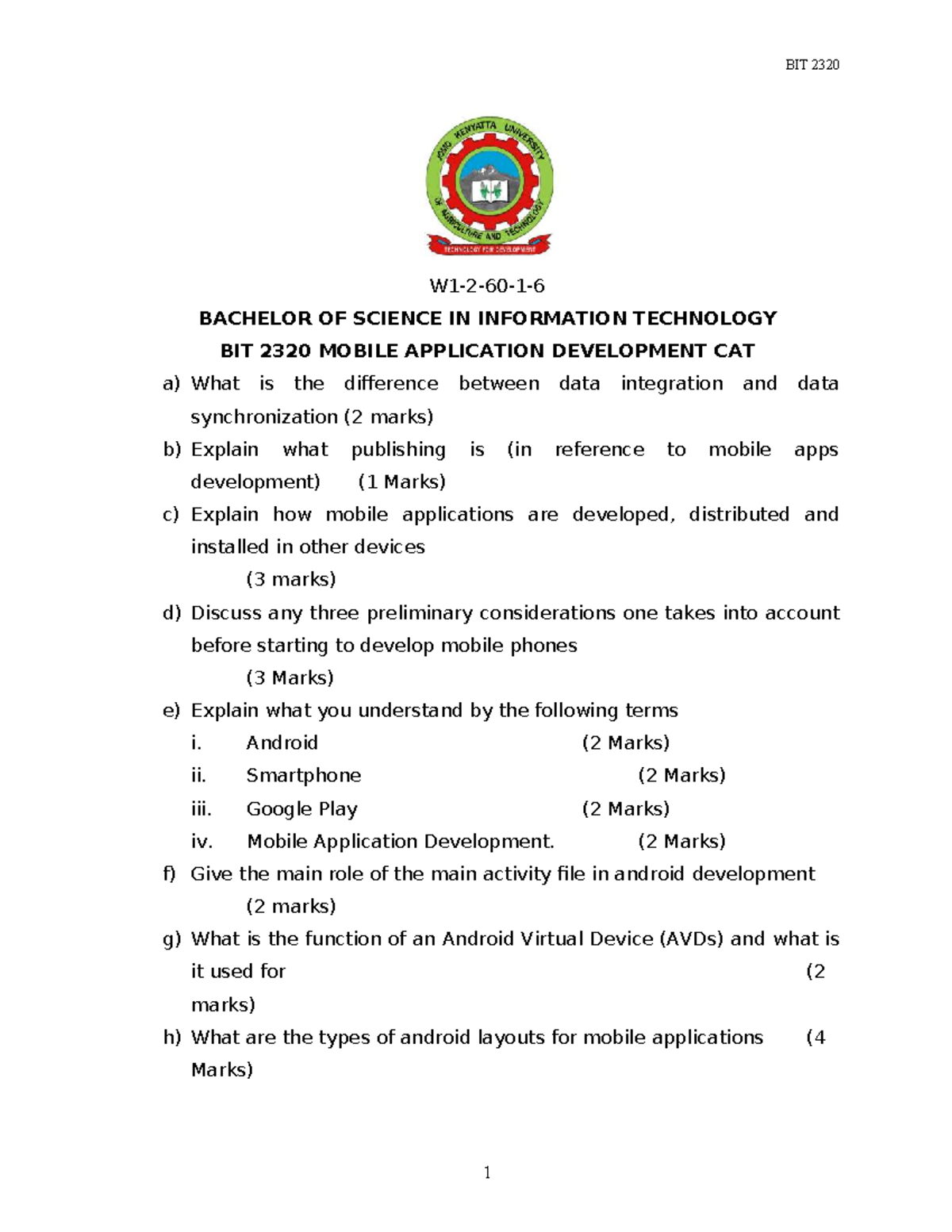 BIT 2320 Mobile Application Development CAT Exam Questions and Answers ...
