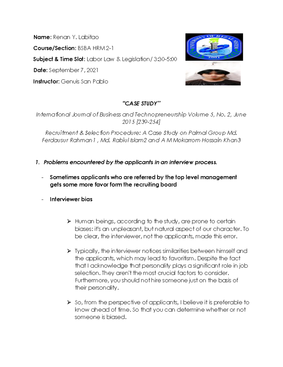 CASE Study Labor LAW - Human Resource Management - Studocu