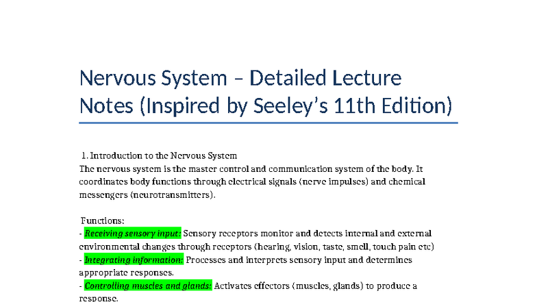 Nervous System Lecture Notes (Inspired 11th Ed) - Studocu