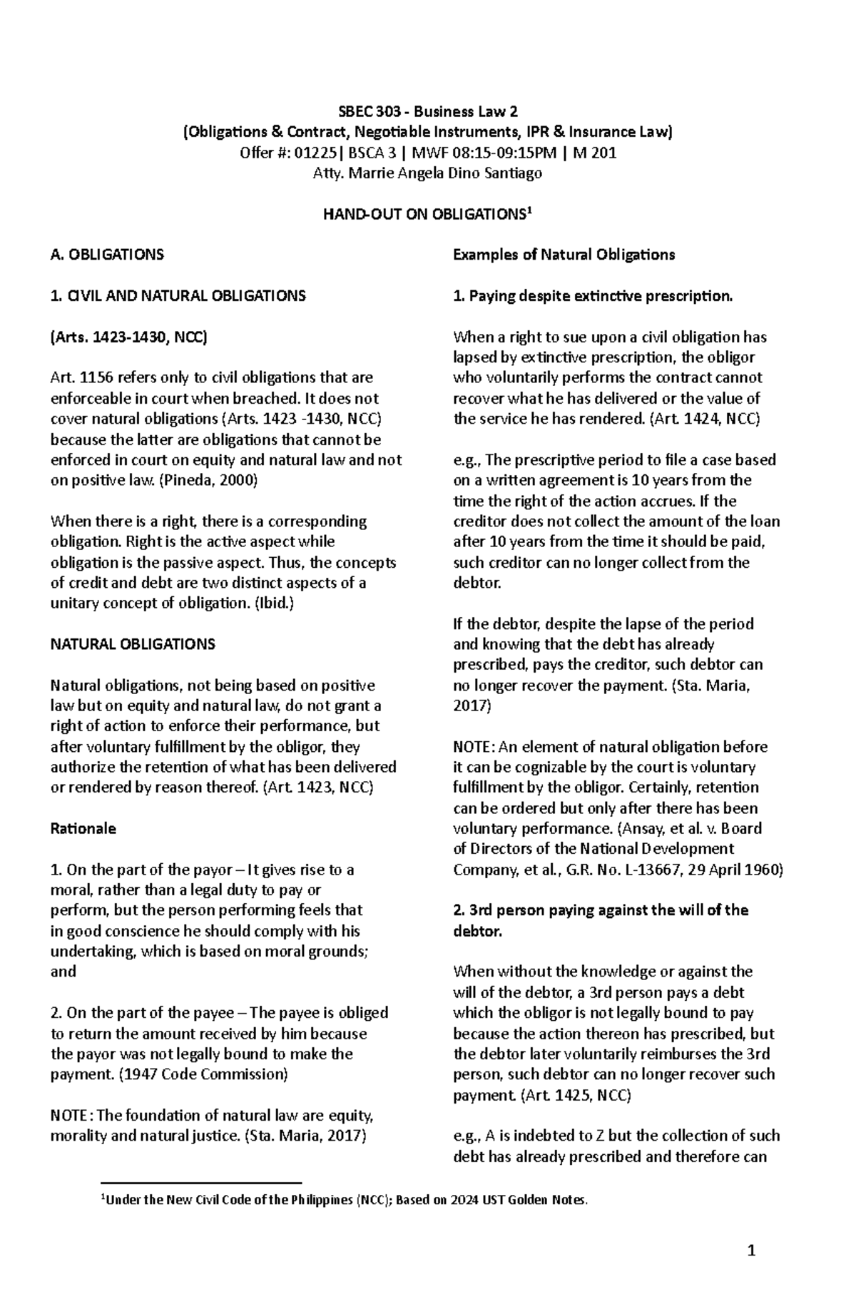 Obligations and Contracts Overview - SBEC303 Handout JAN2025 - Studocu