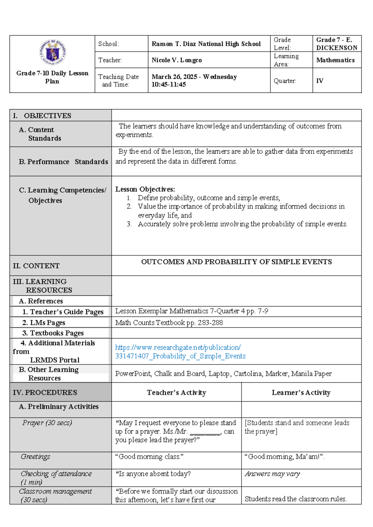 Grade 7 Math DLP: Outcomes & Probability of Simple Events - Studocu