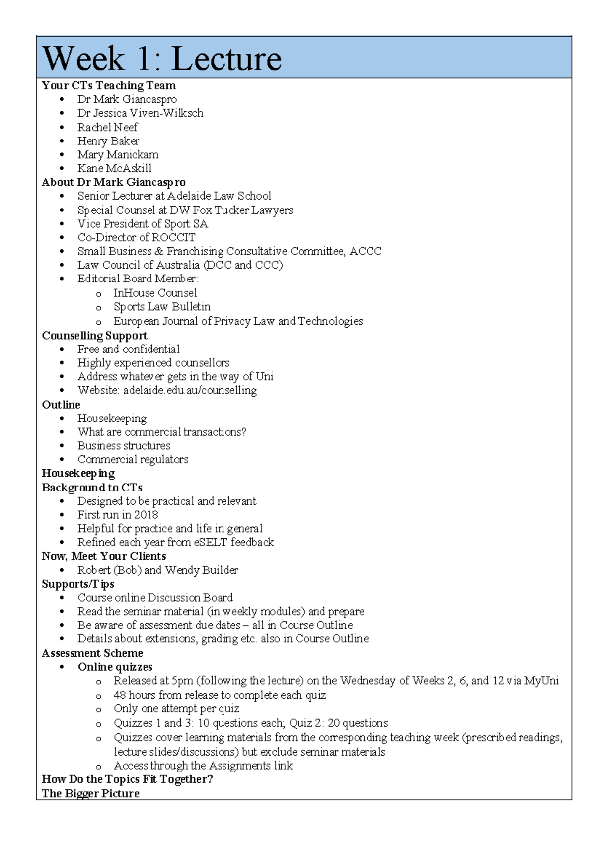 LAW 1509: Week 1 Lecture Notes on Commercial Transactions and Contracts ...