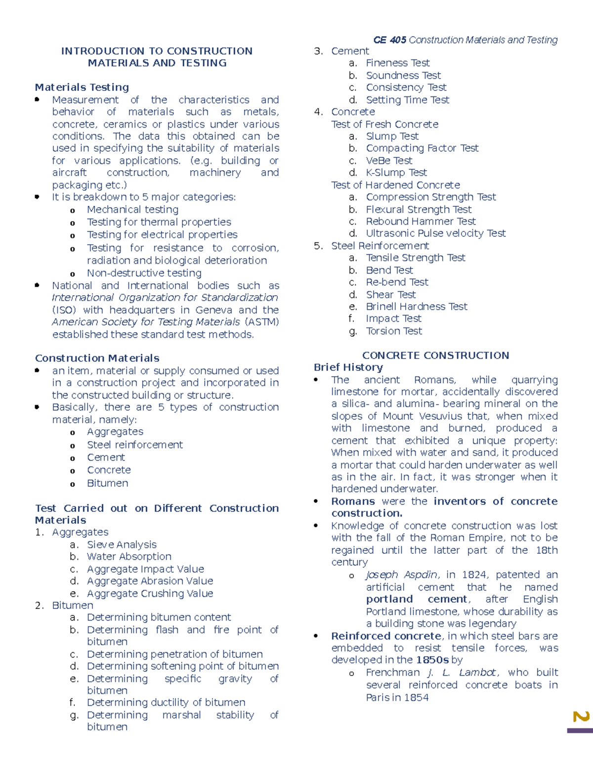 CE 405 Lecture Notes: Construction Materials & Testing Methods - Studocu