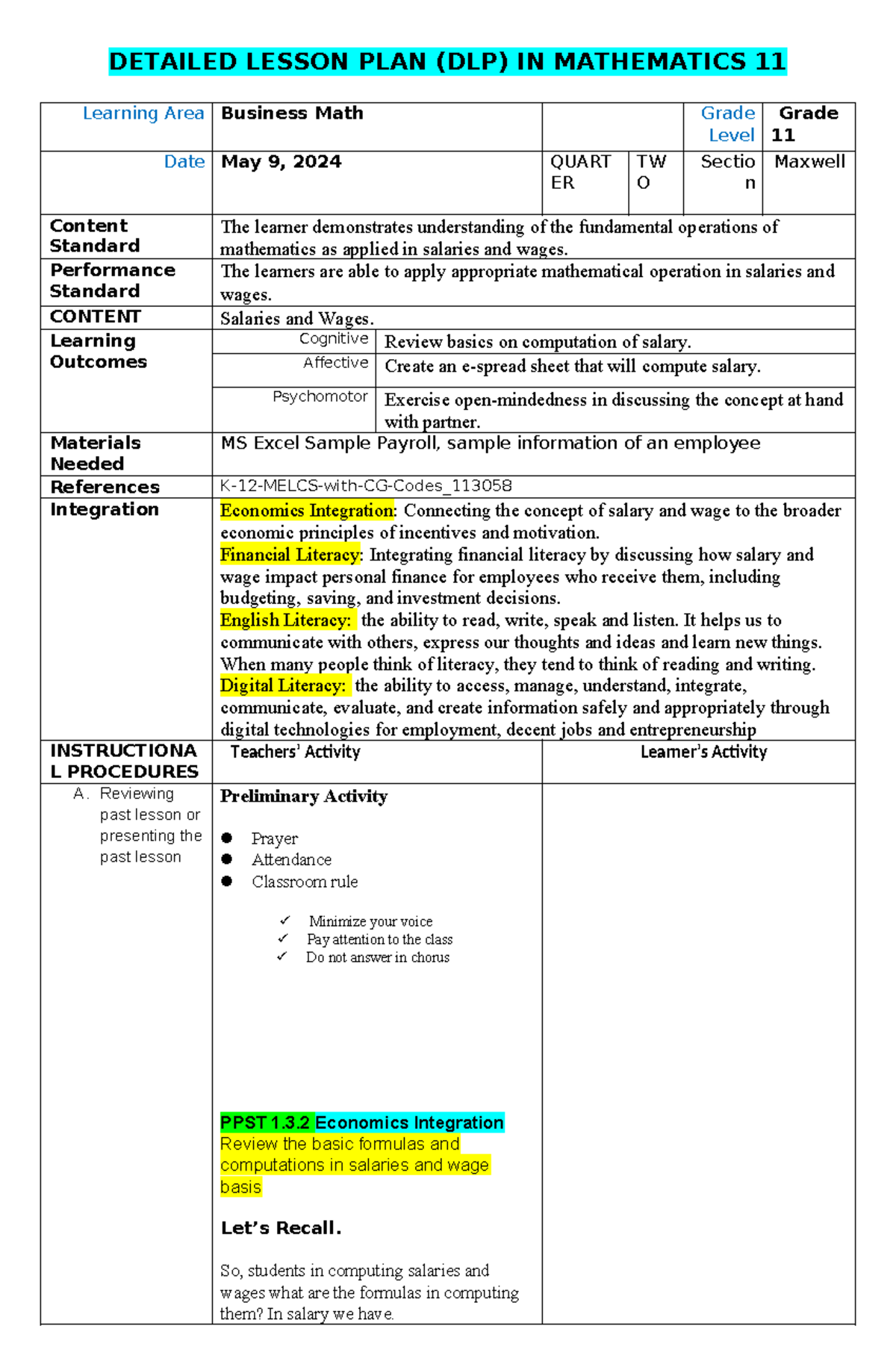 Daily Lesson Plan Exle Mathematics - Infoupdate.org