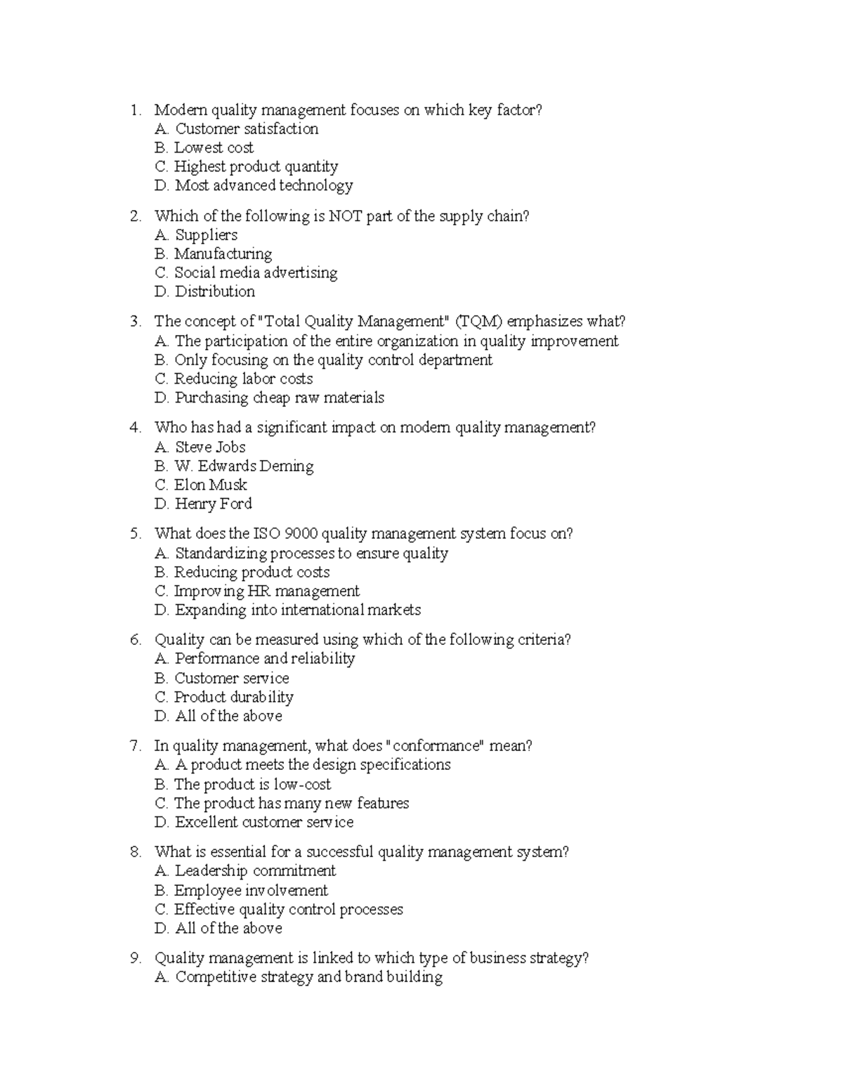 Chapter 1: Key Concepts in Quality Management (Course Code: 1) - Studocu