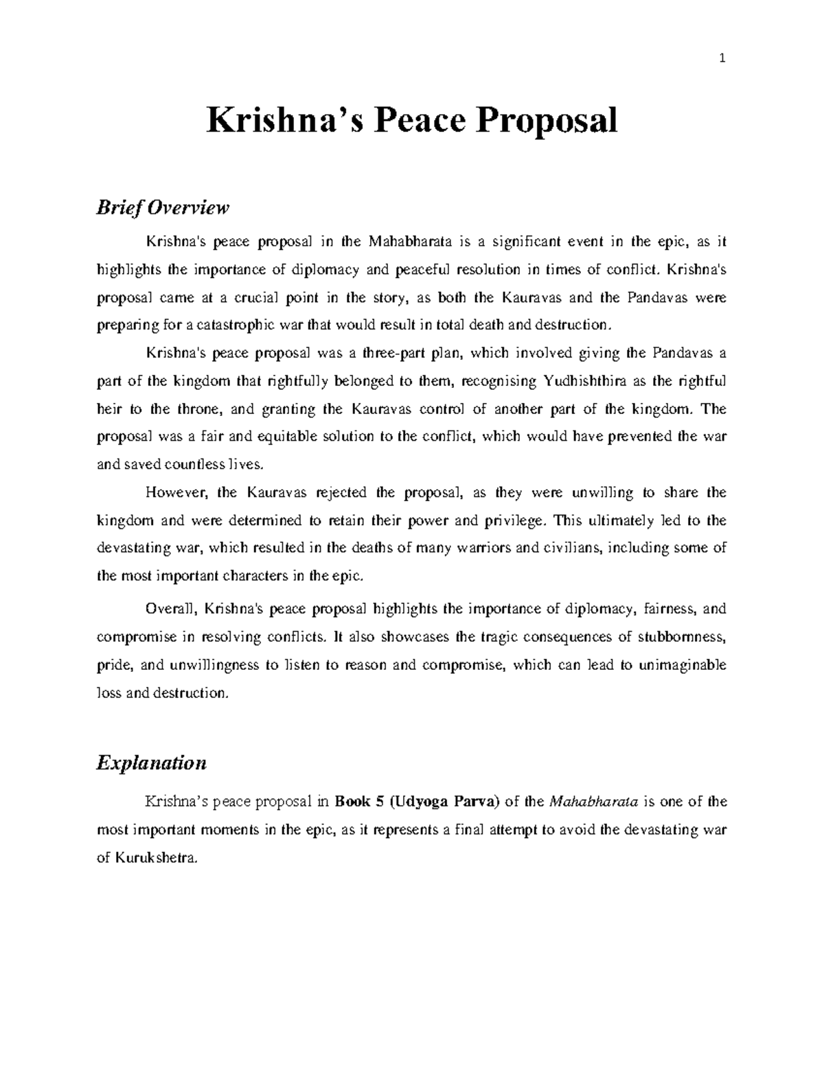 Krishna's Peace Proposal in the Mahabharata: A Critical Overview - Studocu