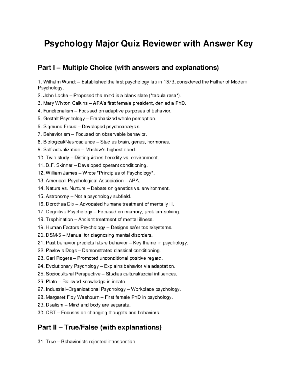 Psychology 101 Quiz Reviewer with Answer Key: Key Concepts ...