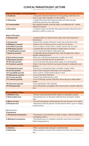 PARASITOLOGY MED 192 Final Exam Study Notes on Parasites and Hosts ...