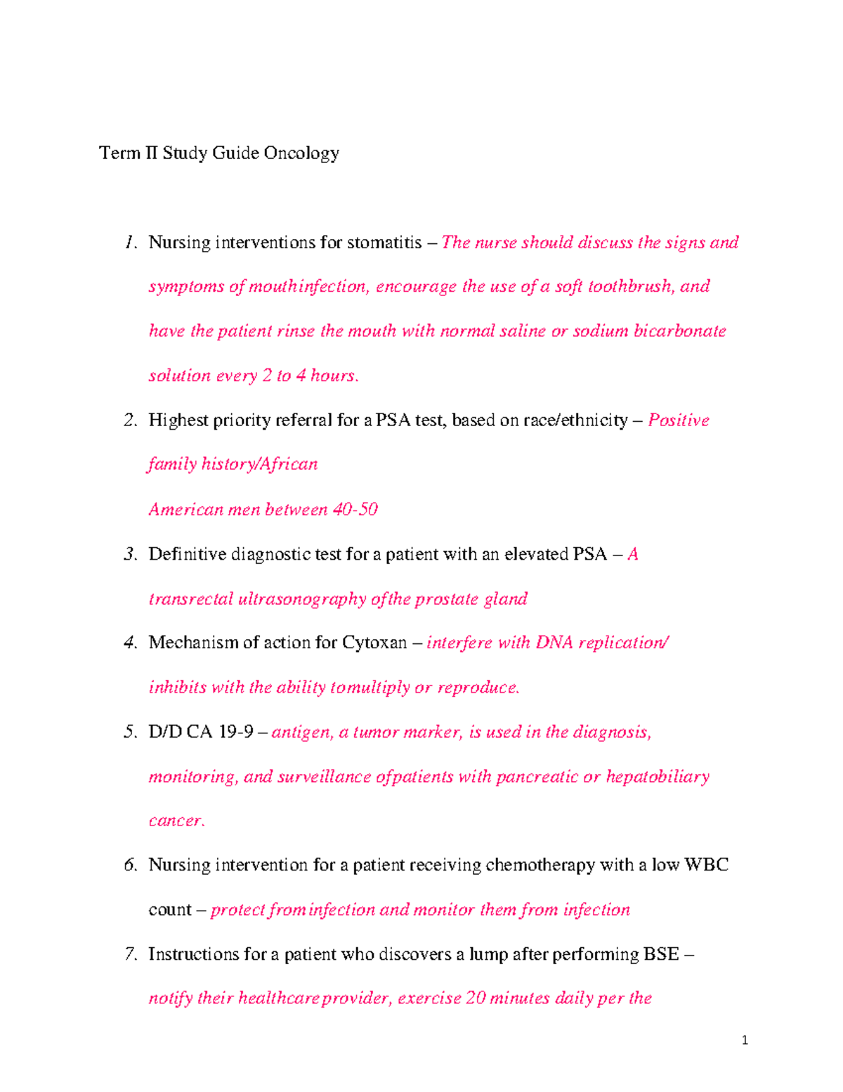Term II Study Guide: Oncology Nursing Interventions and Knowledge - Studocu