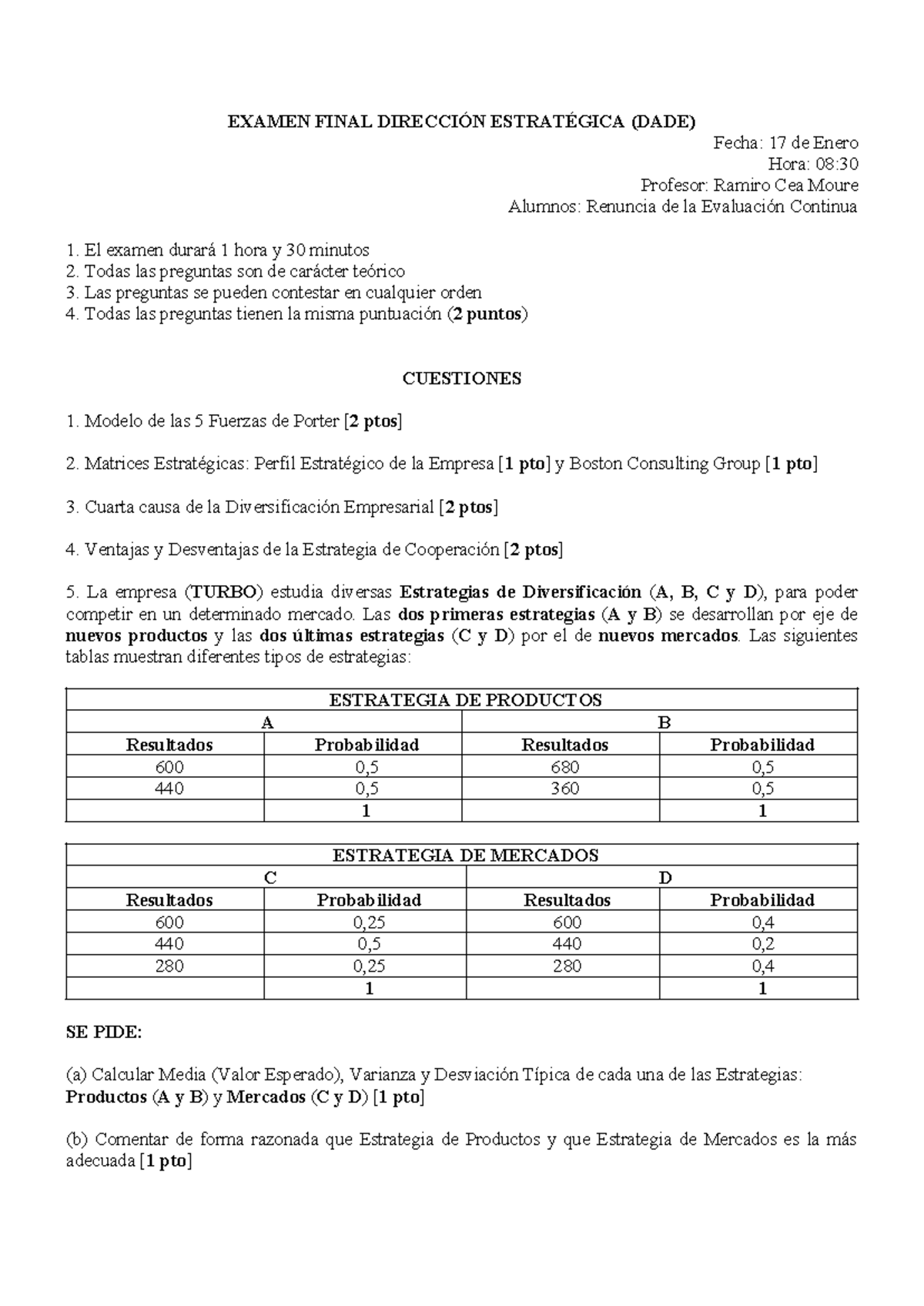 Examen Final DADE: Estrategias de Diversificación y Análisis - Studocu