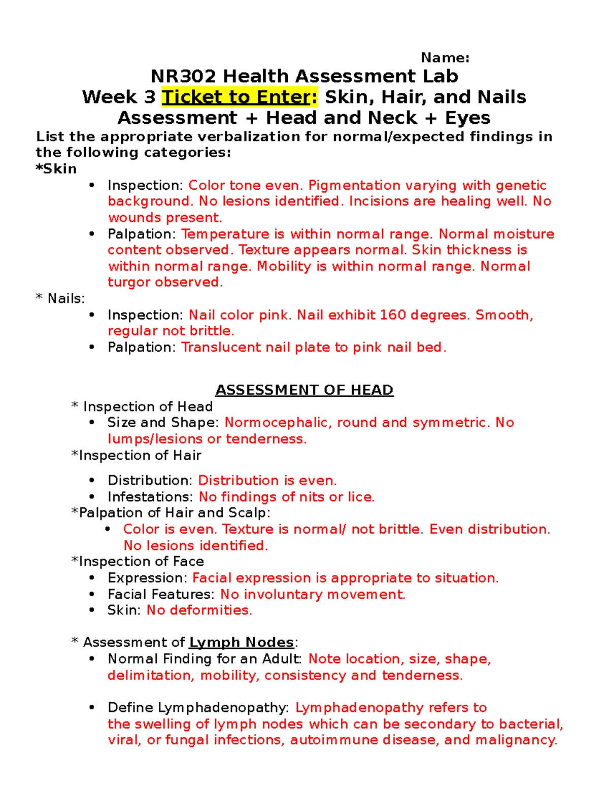 NR 302 Week 2 Focused Reading & Critical Points Worksheet