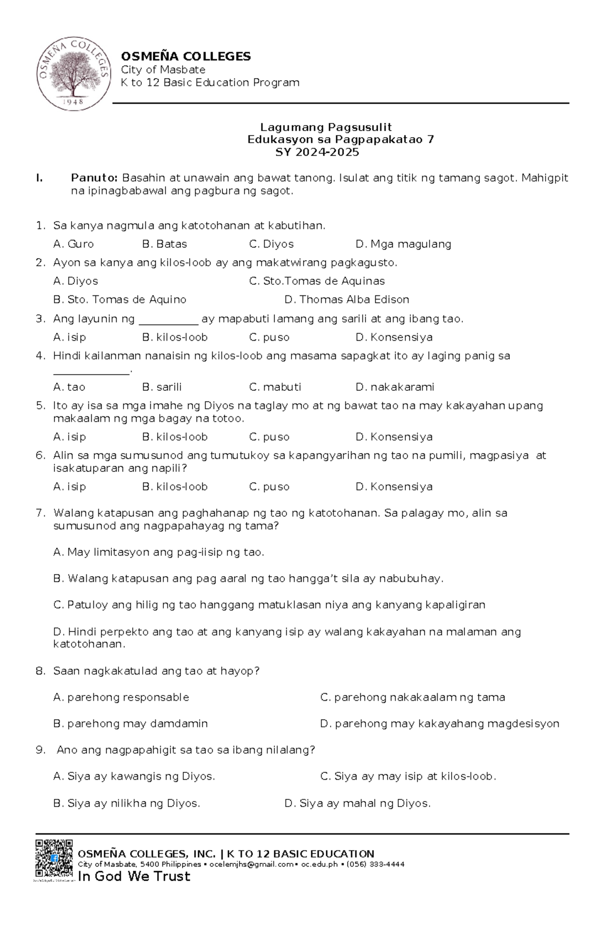 Edukasyon sa Pagpapakatao 7 - Summative 7 Practice Materials - Studocu