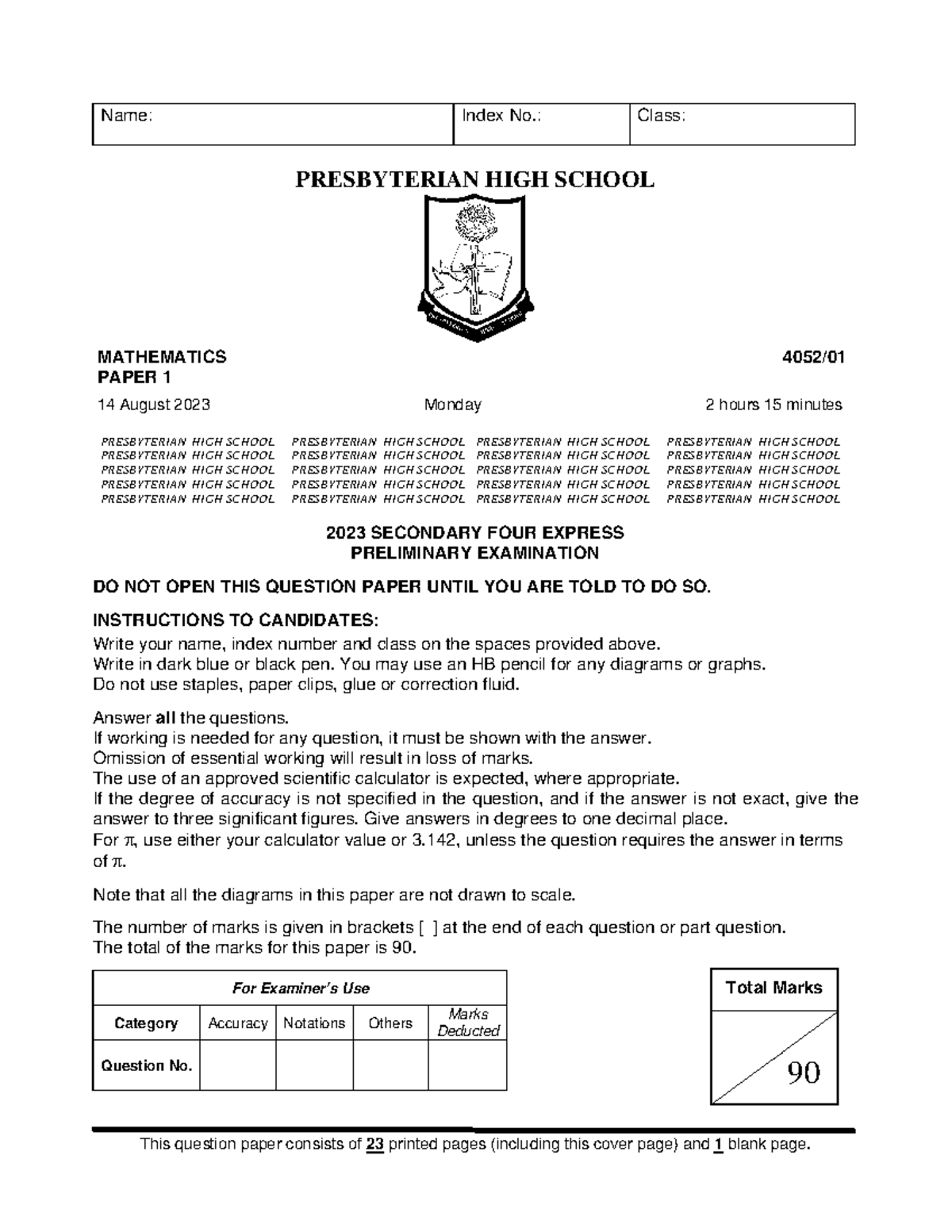 PHS 2023 Mathematics Preliminary Exam Paper 1 (4052/01) - Studocu