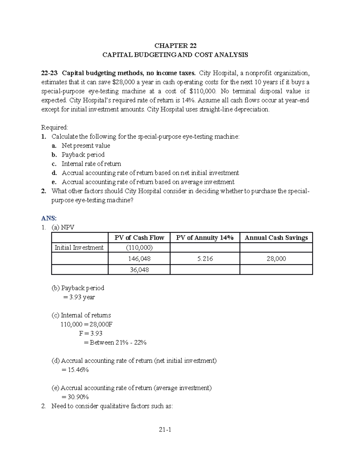 Capital Budgeting Analysis: Chapter 22 Tutorial on Cost Evaluation ...
