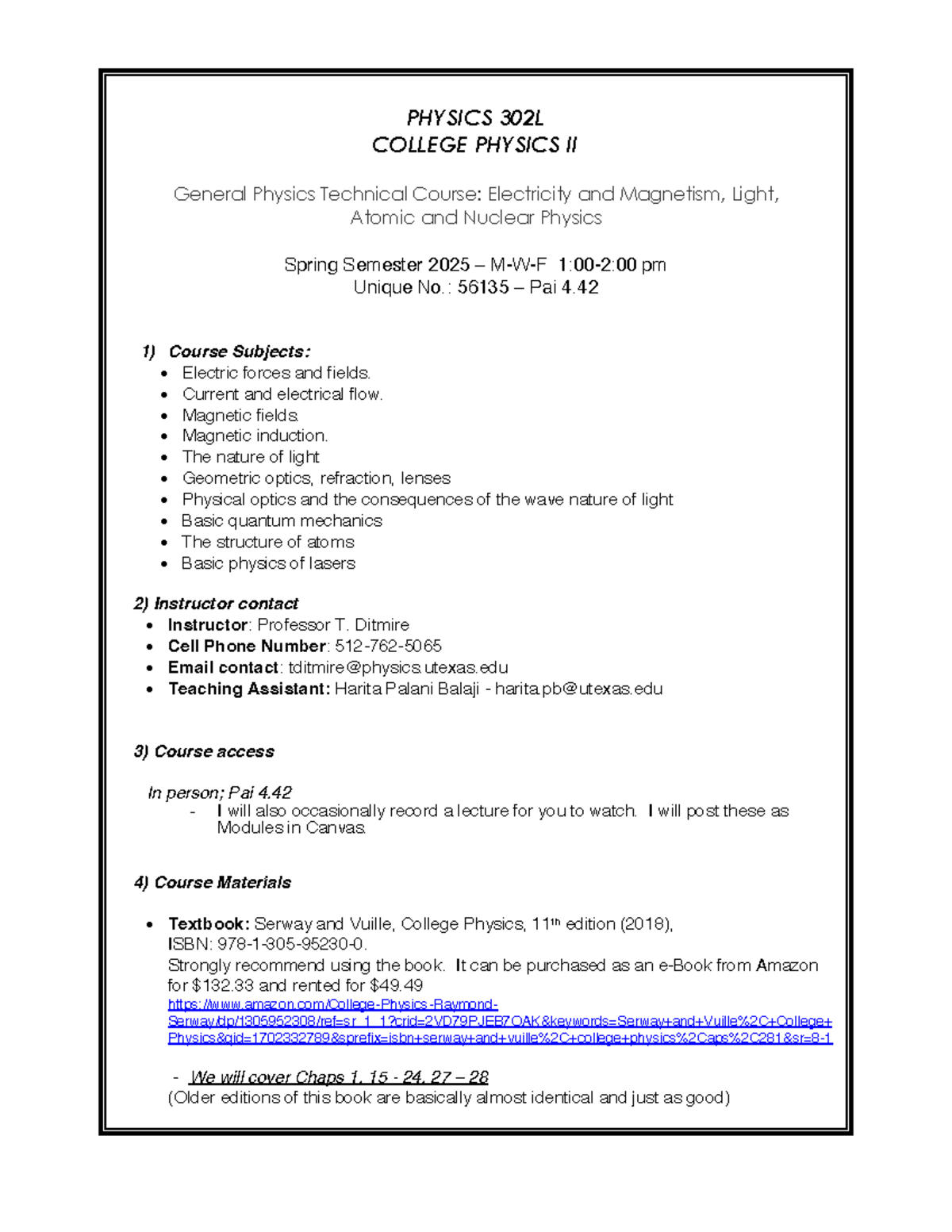 PHYSICS 302L Spring 2025 Syllabus: Electricity, Magnetism & Light - Studocu