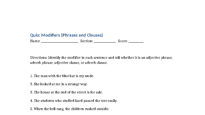 Modifier Quiz: Phrases & Clauses Analysis (ENG101) - Studocu