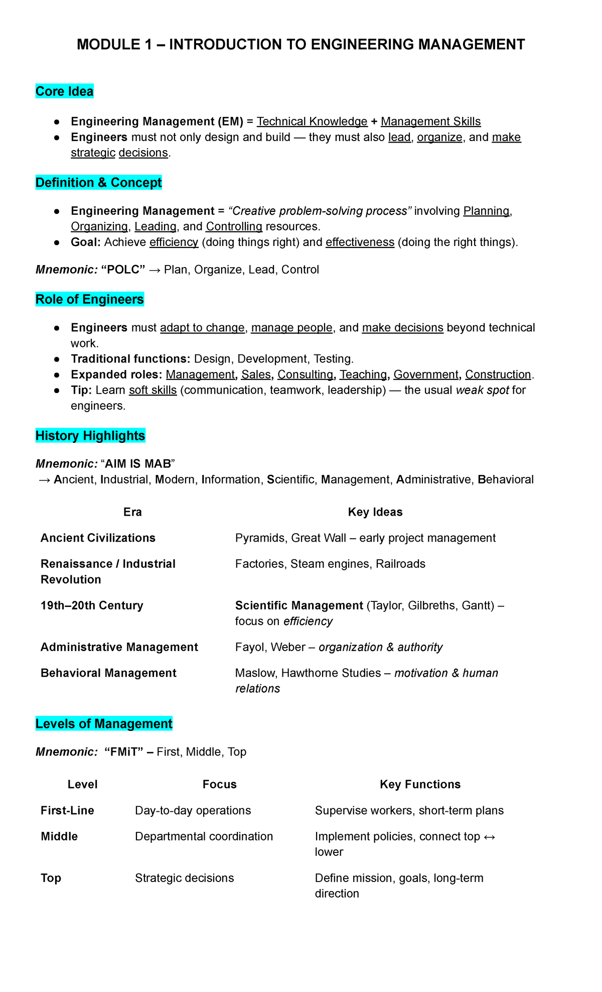 ENGM 101: Introduction to Engineering Management Overview - Studocu