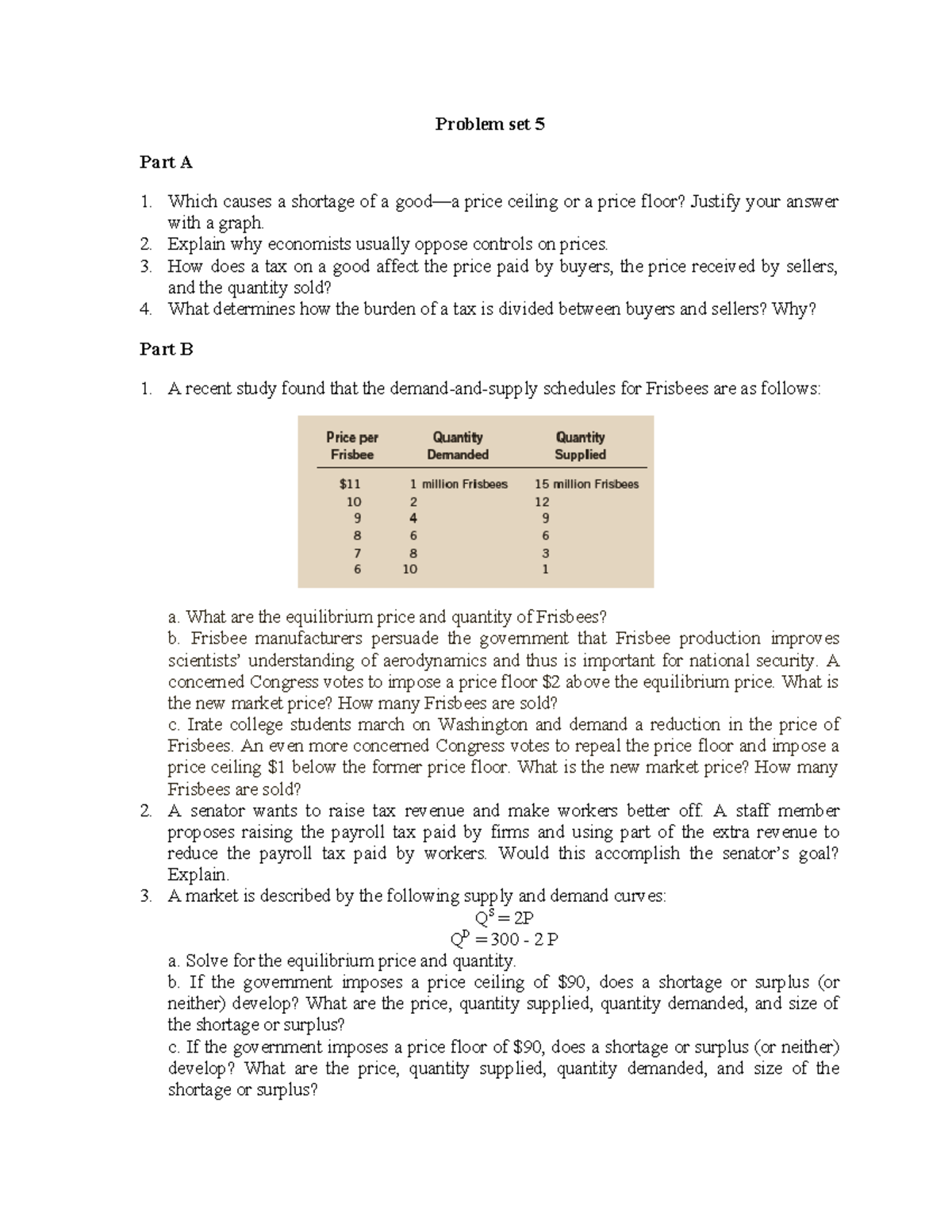 Problem Set 5 - Microeconomics: Price Controls & Tax Effects - Studocu