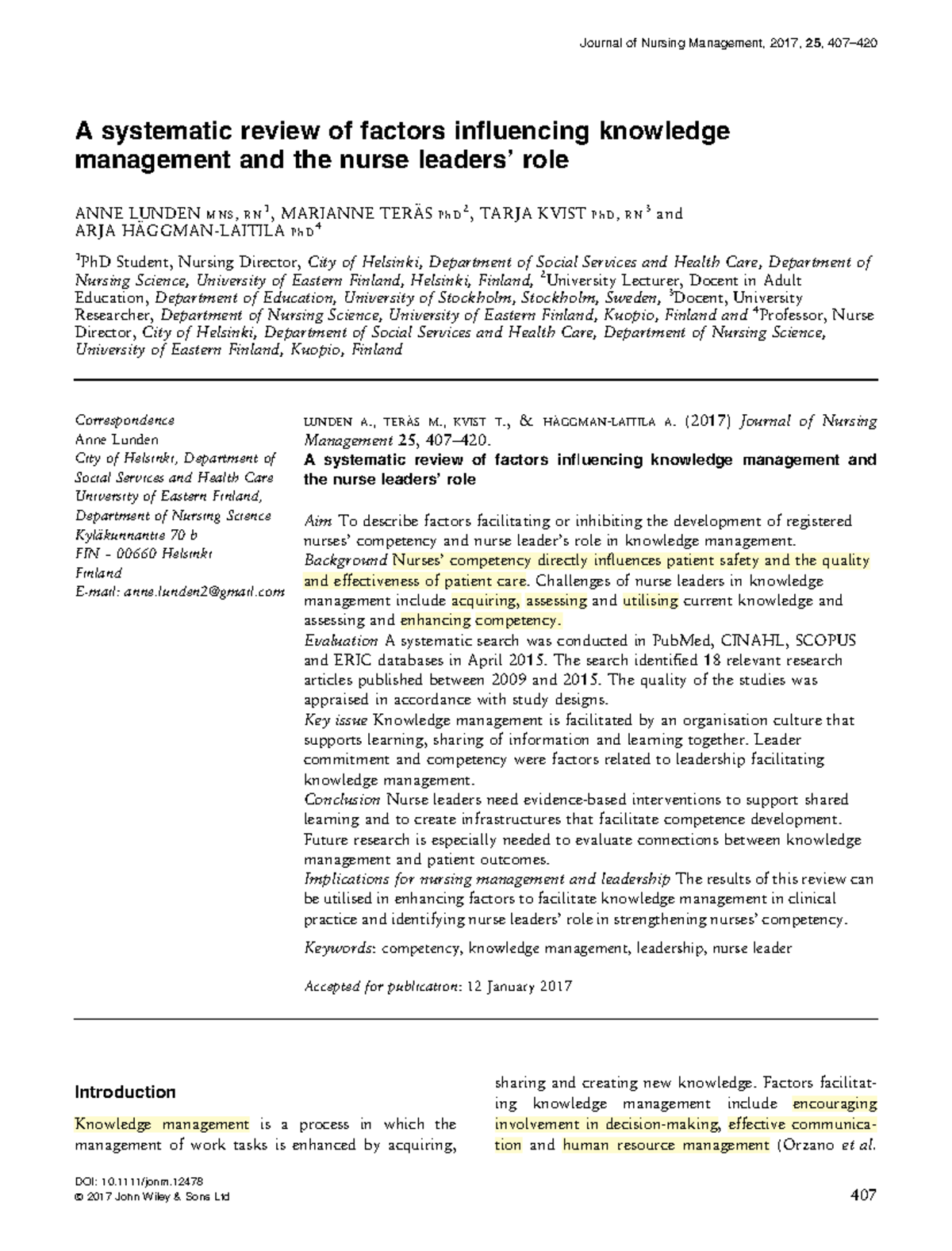 AT1 Nursing Management: Factors Influencing Knowledge Management 2017 ...
