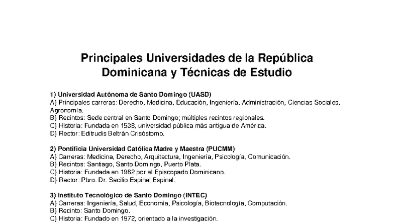 Principales Universidades de RD y Técnicas de Estudio - Studocu