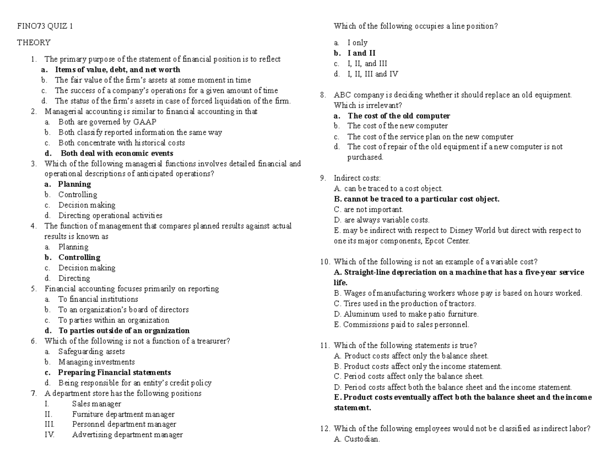 FINO73 Quiz 1 Notes for BSA Students at SVC, Saint Vincent College ...