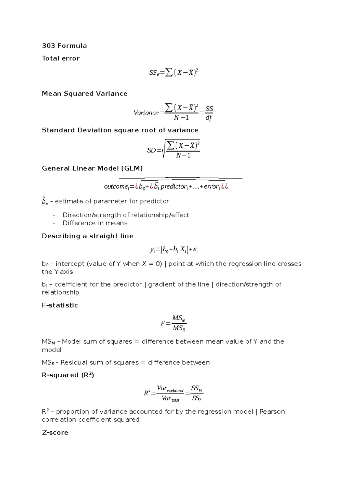 PSY300 Formulas - Key Concepts and Statistical Models - Studocu