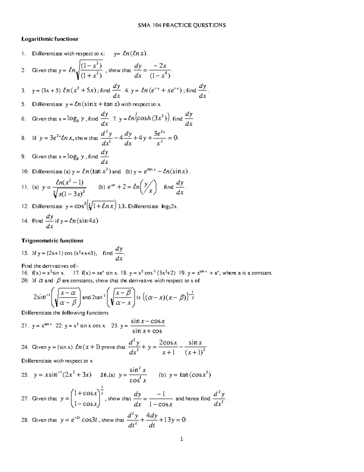 Calculus quiz - just practice - SMA 104 PRACTICE QUESTIONS Logarithmic ...
