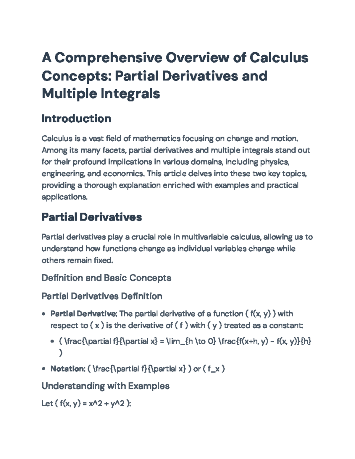 Mastering Partial Derivatives and Multiple Integrals in Calculus - A ...