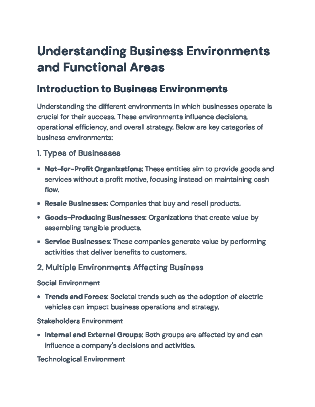 Understanding Business Environments and Functional Areas in Business ...