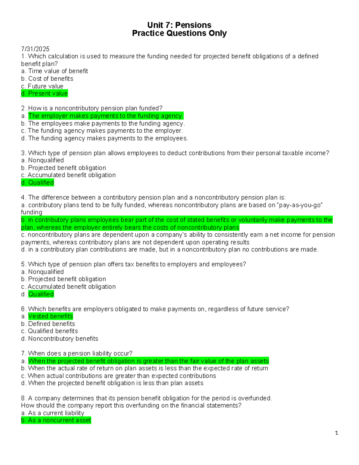 Pensions Study Guide D105: Practice Questions and Key Concepts - Studocu