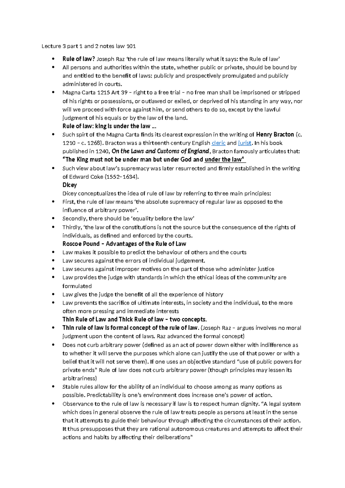 Law 101: Lecture 3 Notes on Rule of Law (Parts 1 & 2) - Studocu