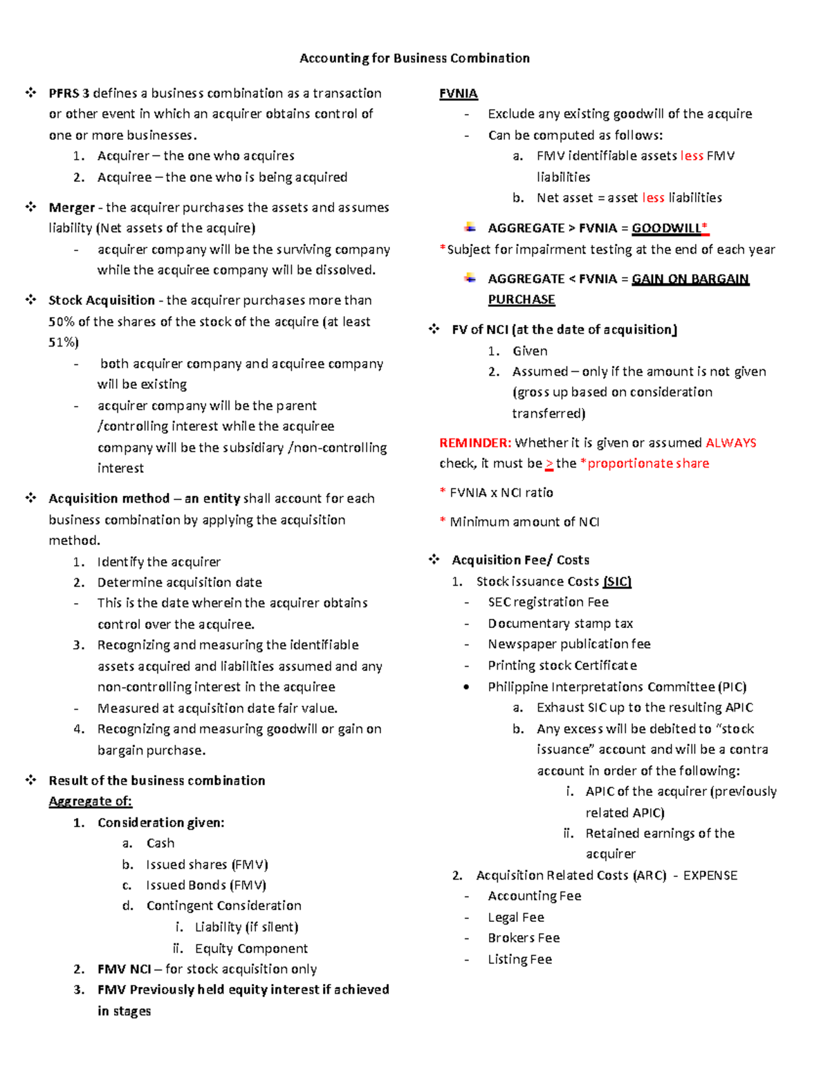 Notes on Accounting for Business Combination & Consolidation (ACCT 101 ...