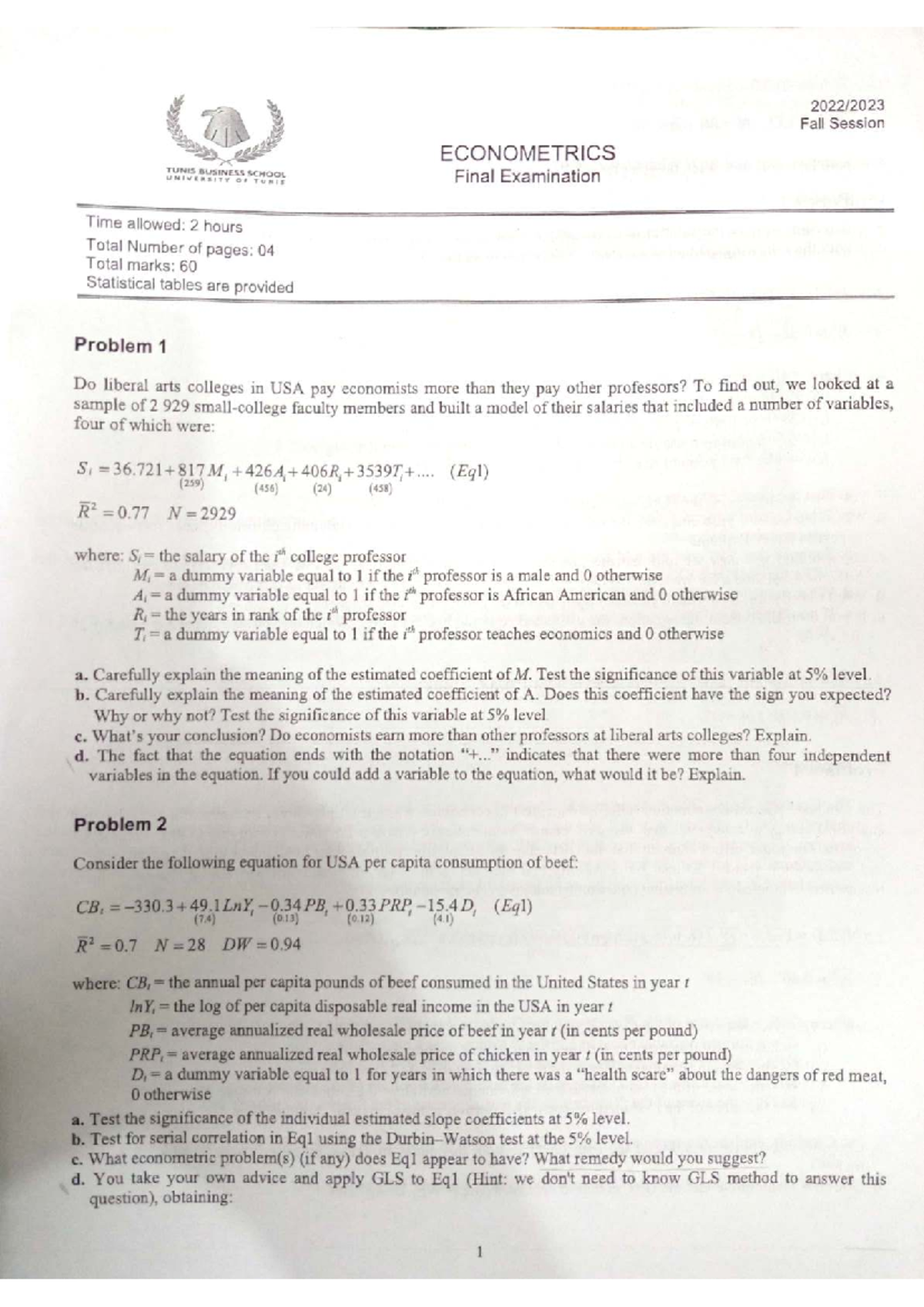 Final Exam ECON 202: Econometrics at Tunis Business School - Studocu